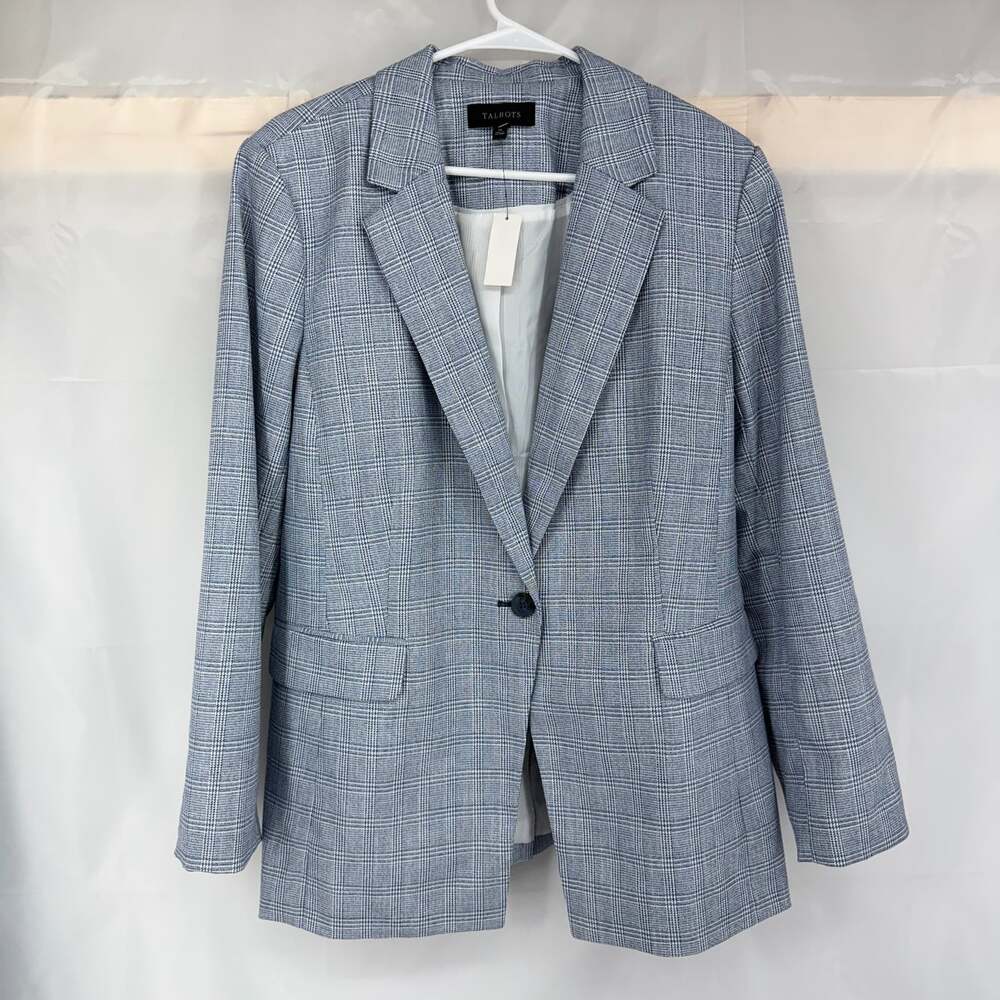 Talbots Women 16 Blazer Blue Plaid Professional Single Button Work Career NEW